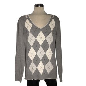 Esprit V-Neck Sweater in Gray and Cream Argyle 100% Cotton Size XL